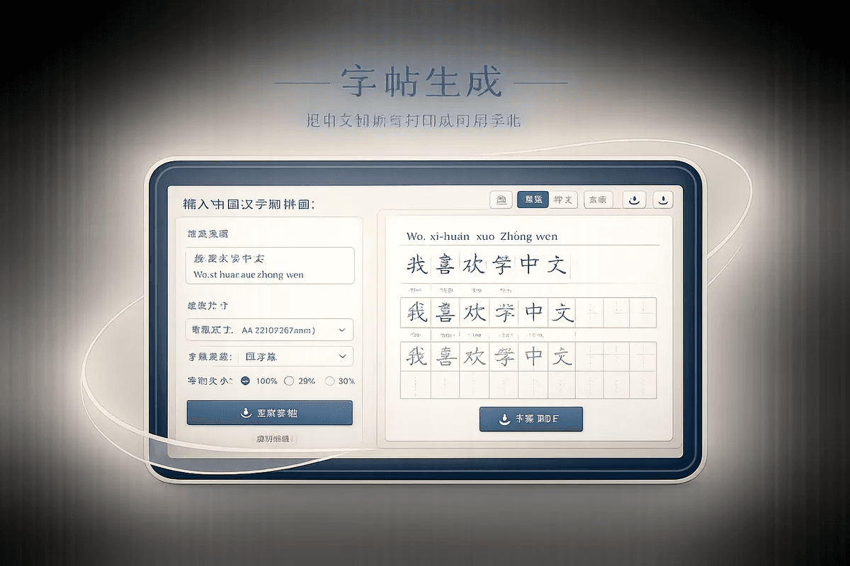 汉字字帖生成功能展示:中文、拼音与练习格排版
